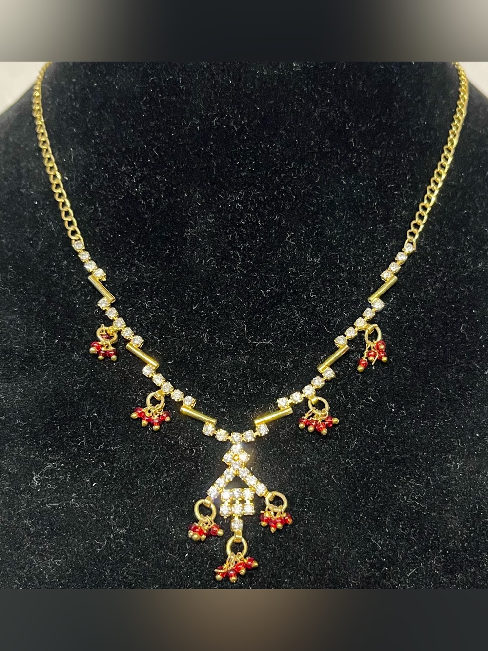 Vintage Gold Tone Necklace with Red Bead Accents